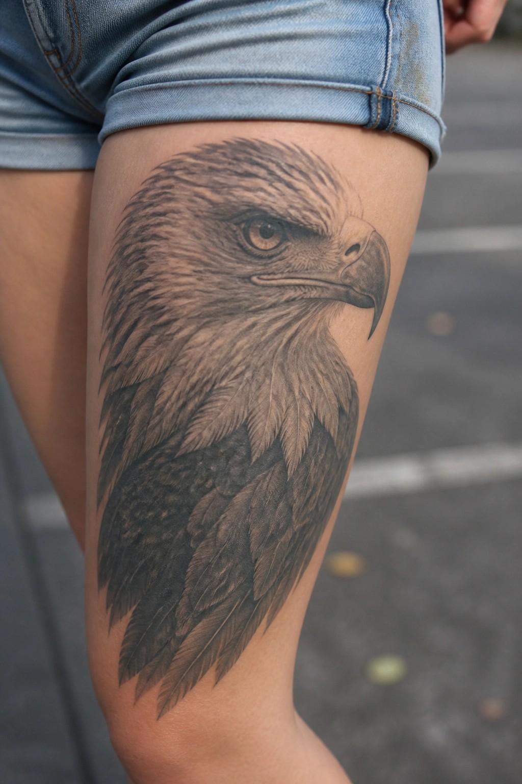 Detailed black-and-gray eagle head tattoo on thigh beneath light blue denim shorts