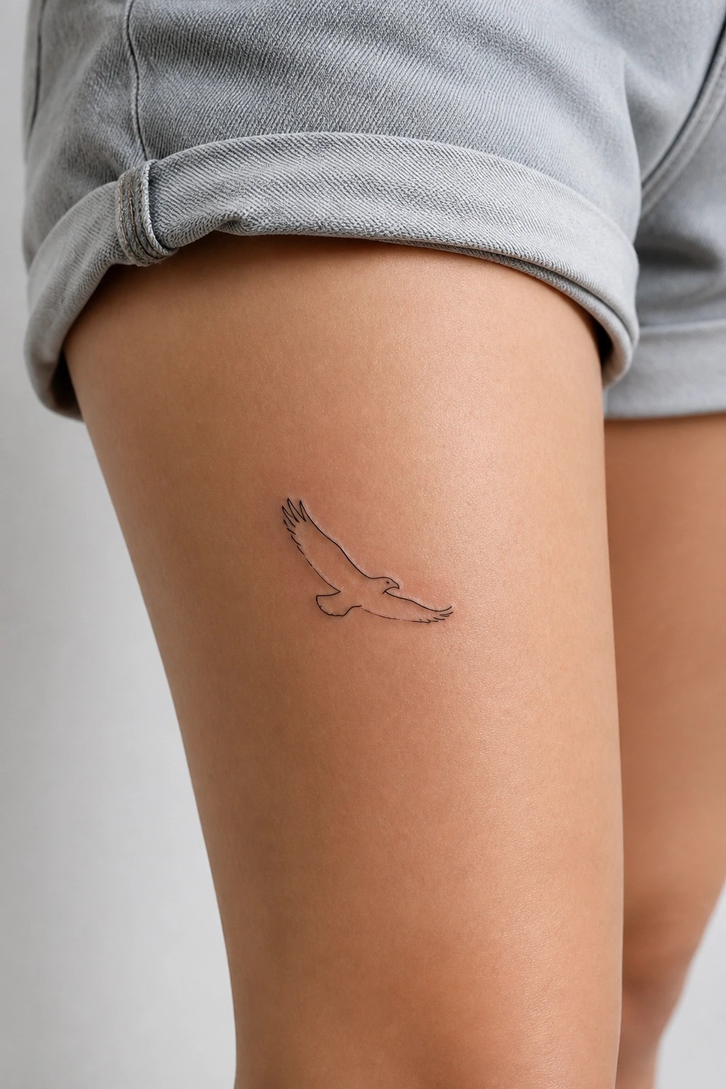 Line art eagle tattoo on thigh under rolled gray denim shorts