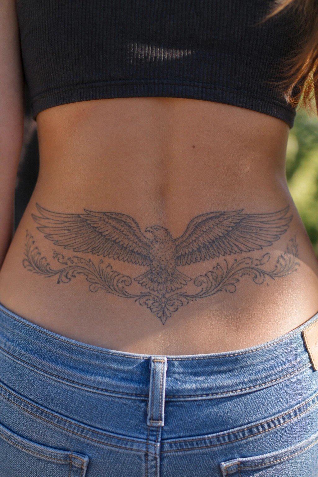 Fine line eagle tattoo on a woman's lower back with spread wings and ornate side details above blue jeans