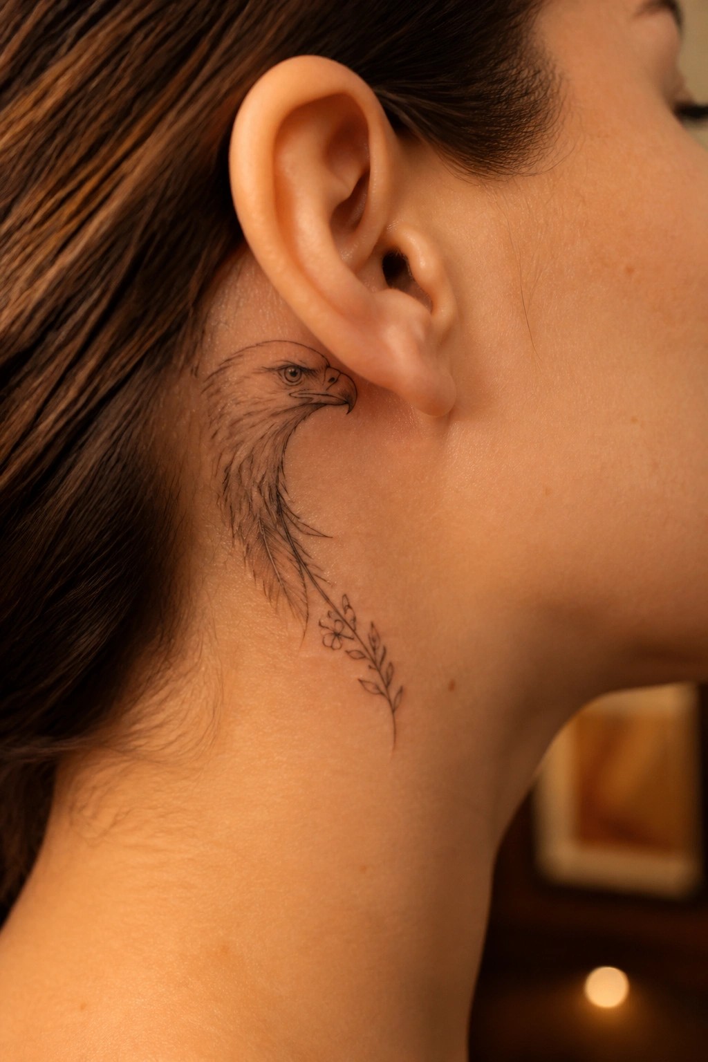 Fine line eagle tattoo behind the ear with feathers extending into a floral branch down the neck