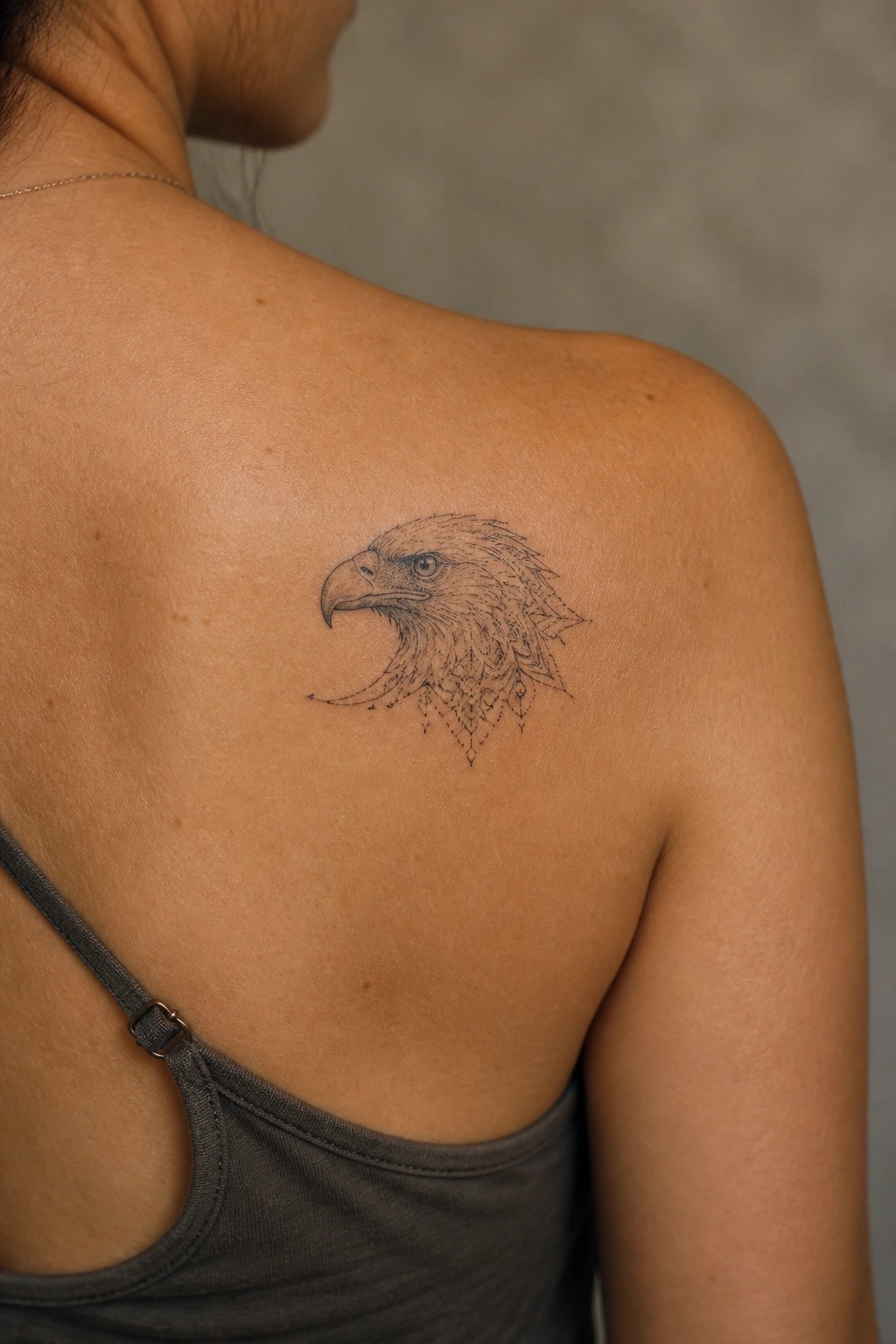 Fine line eagle head tattoo on a woman's upper back shoulder blade area