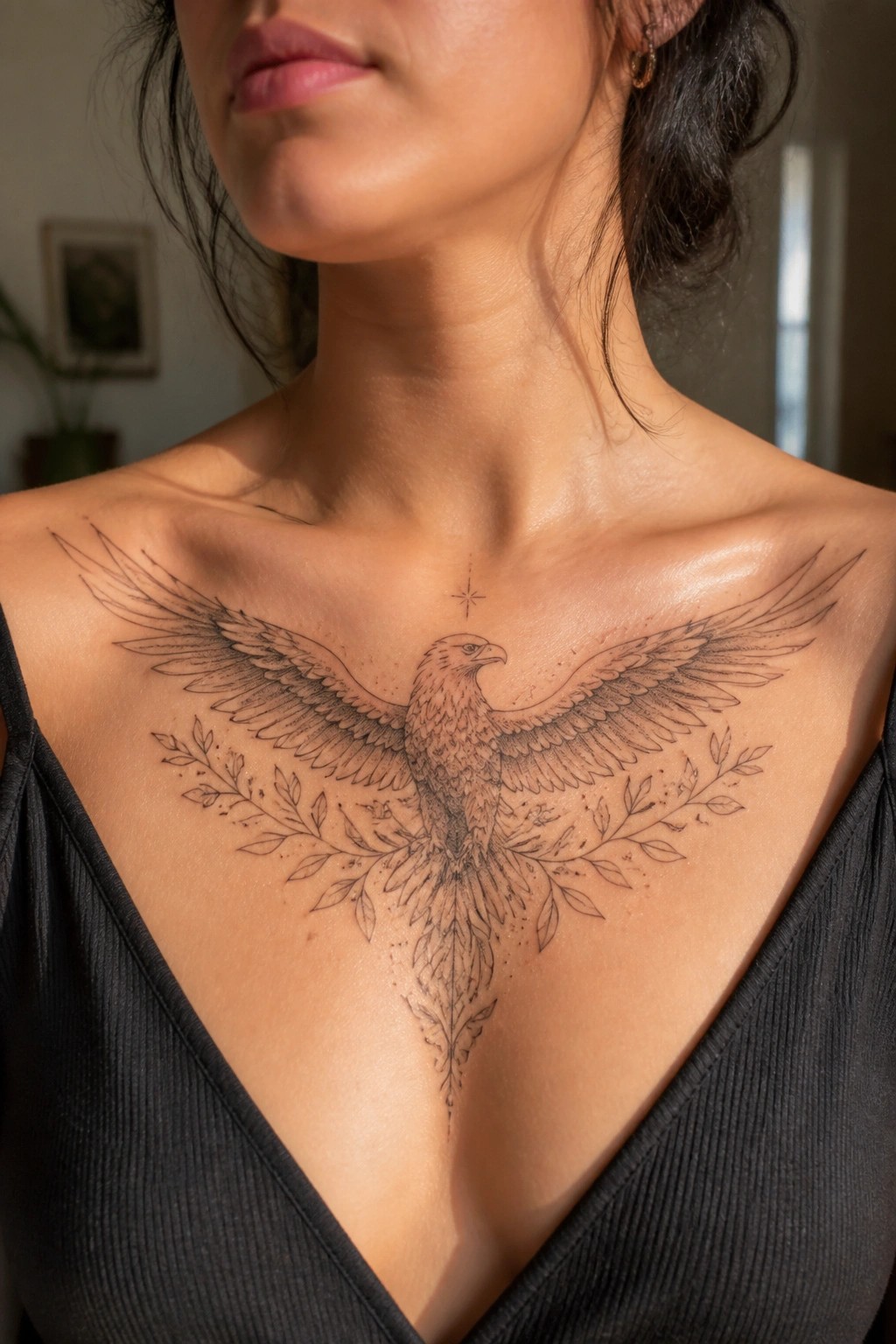 Fine line eagle tattoo with outstretched wings across a woman's upper chest, leaves below the bird and a small star above it.