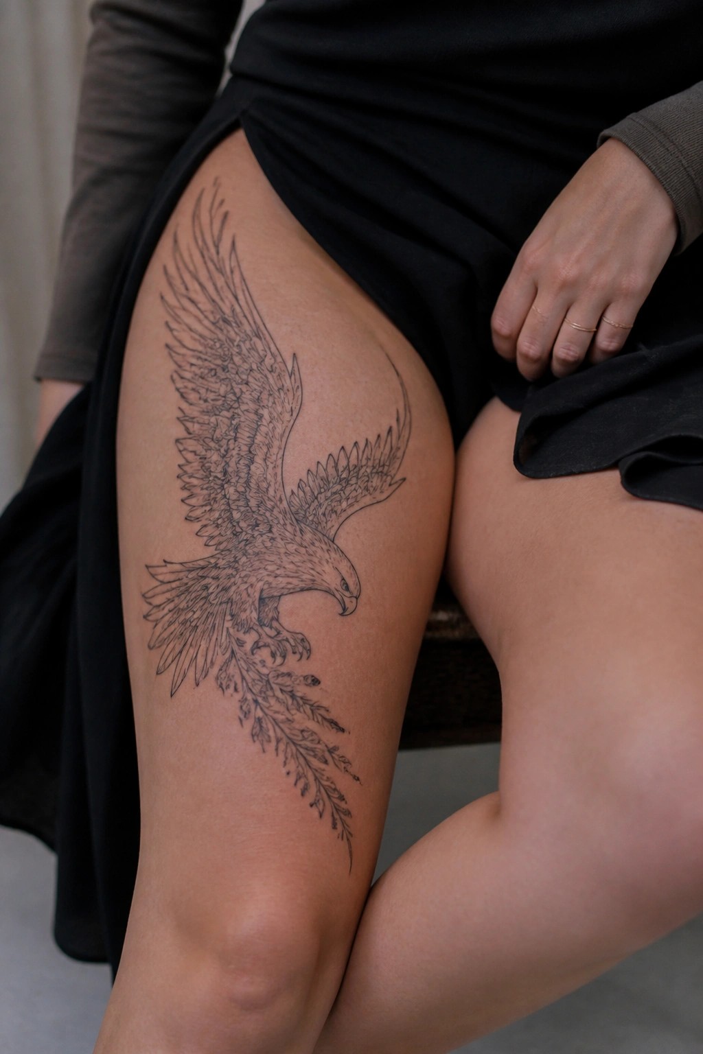 Fine line eagle tattoo on a woman's upper thigh with wings spread and light feather details