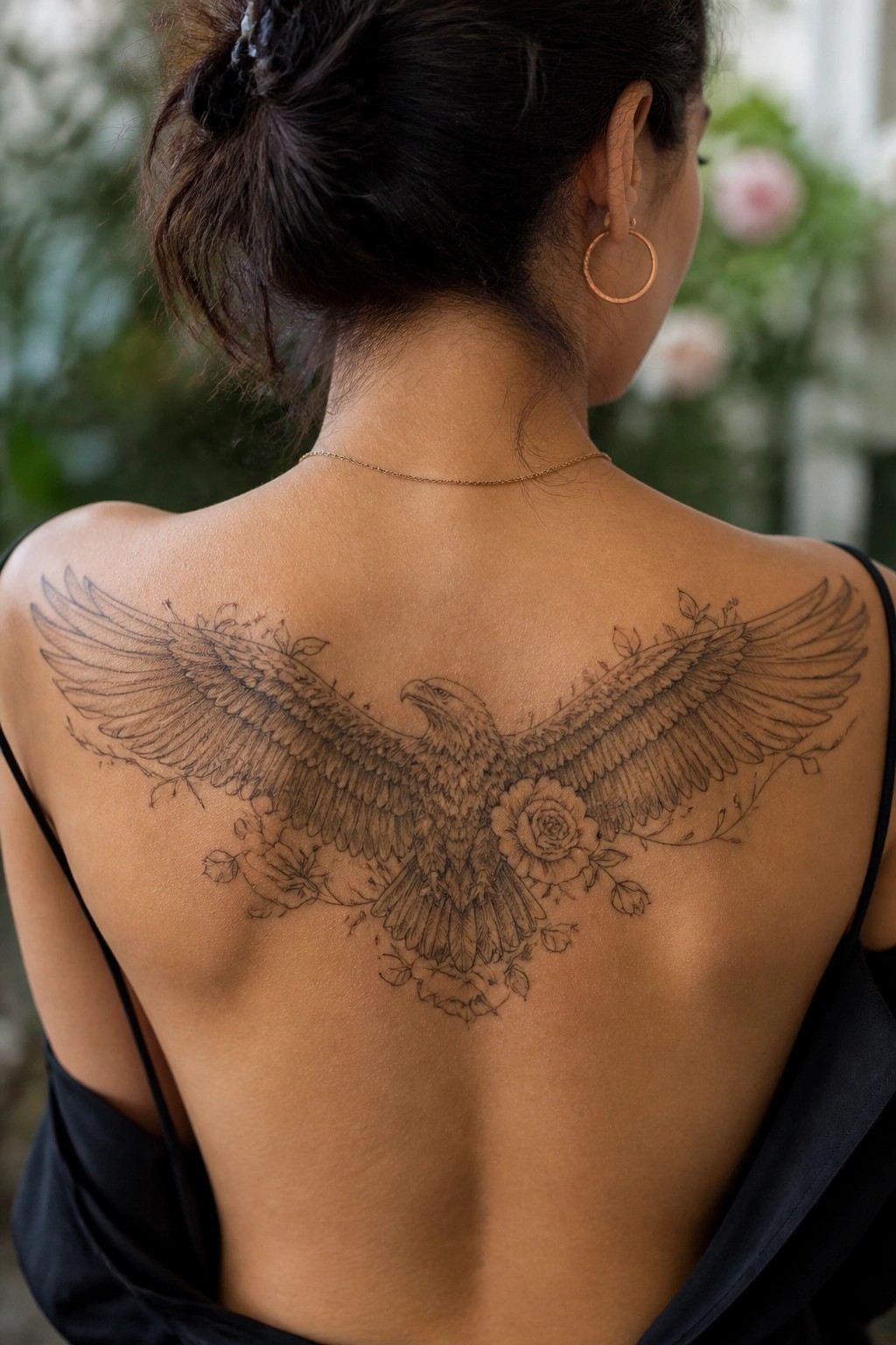 Fine line eagle tattoo with roses across a woman's upper back