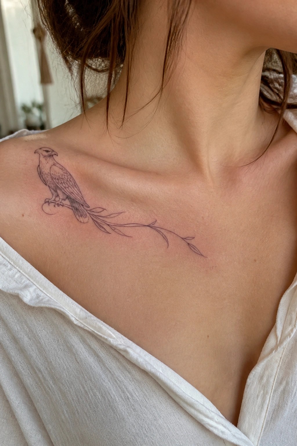 Woman's shoulder with bird tattoo on leafy branch, wearing white top.