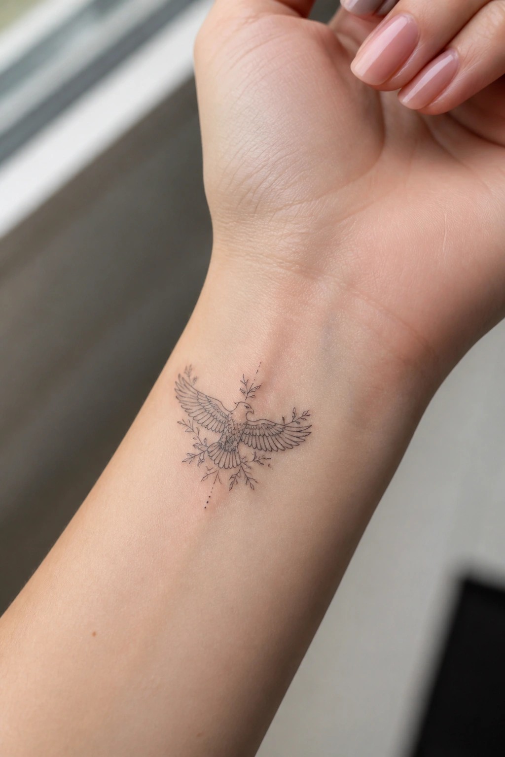 Fine line eagle tattoo with outstretched wings and leafy branches on the inner wrist