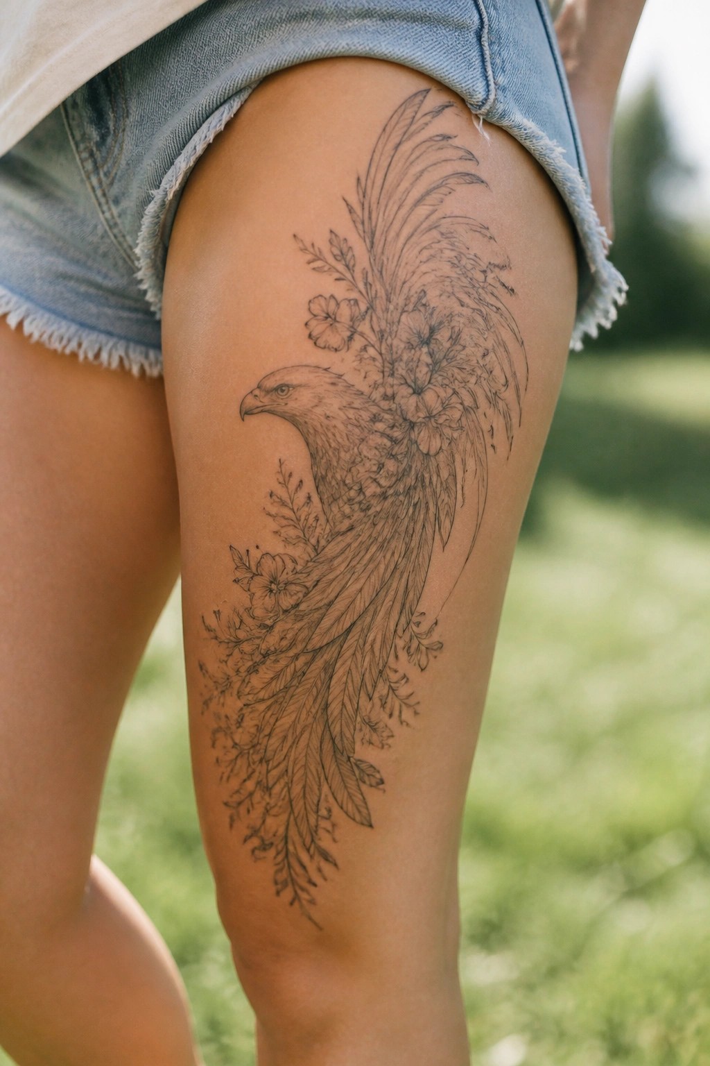 Denim shorts and large eagle tattoo with flowers on thigh