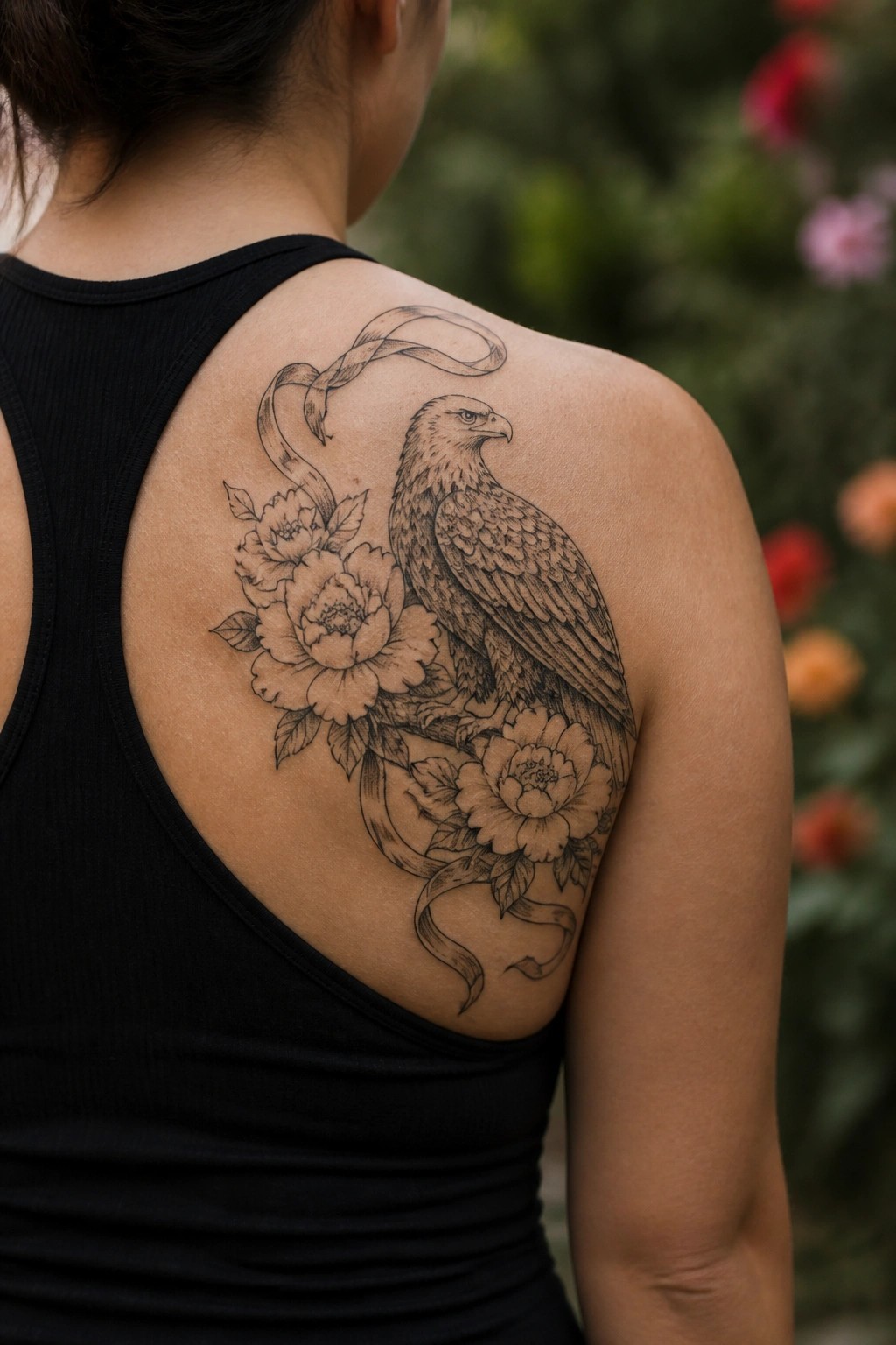Fine line black and grey tattoo of an eagle perched on a branch with large flowers and ribbons on a woman's upper back shoulder blade.