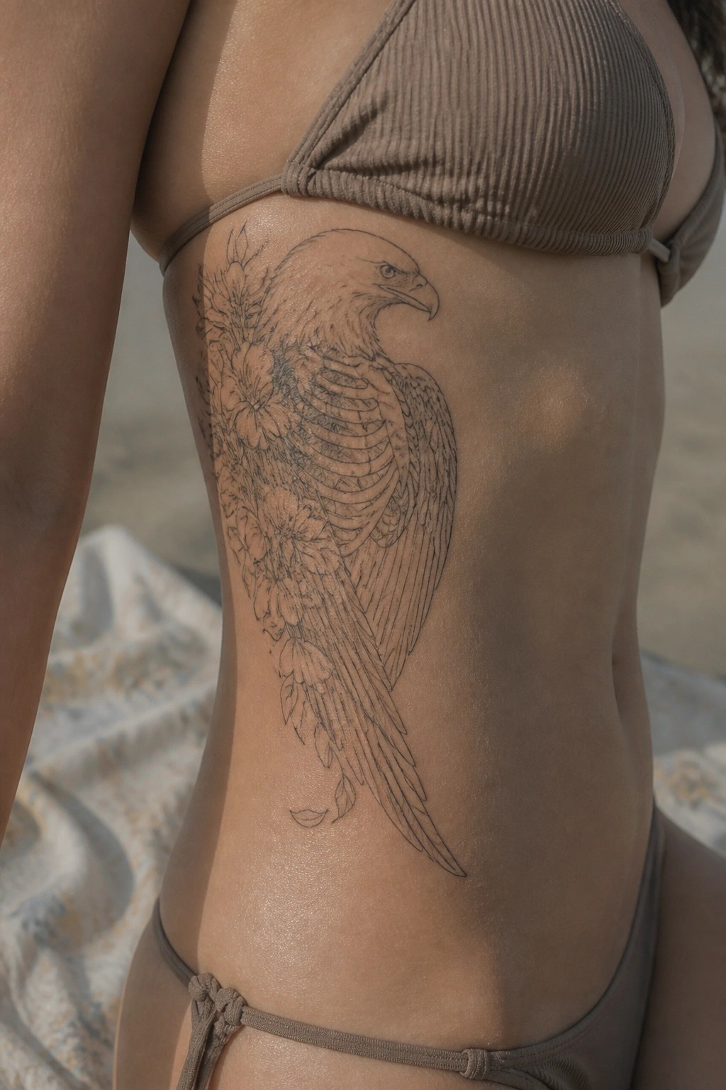 Woman's ribcage with large eagle-flower tattoo in beige bikini on beach