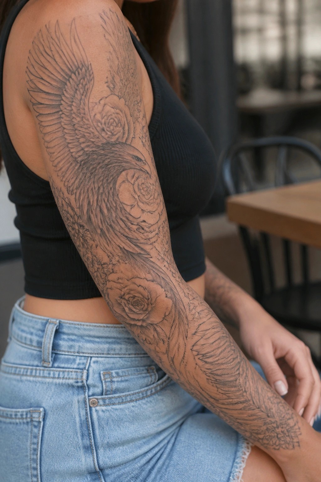 Woman's arm with large eagle and rose tattoo, in black tank top and jeans