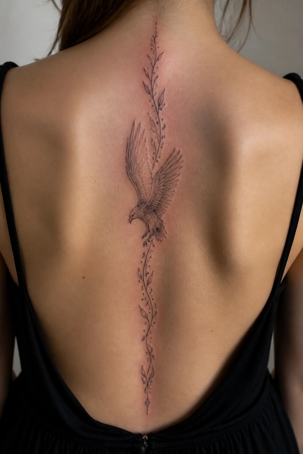 Woman's back with large eagle and leafy vine tattoo, black dress.
