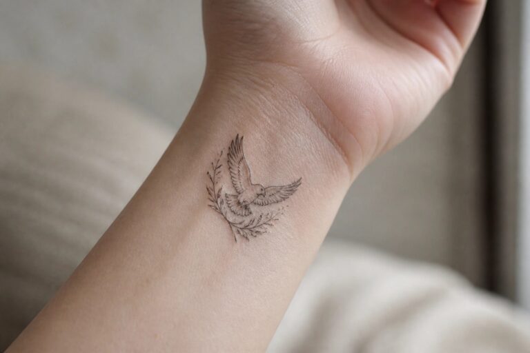 23 Fine Line Eagle Tattoo Ideas for Women With Soft Feminine Detail Fine line eagle tattoo with outstretched wings and leafy branches on the inner wrist