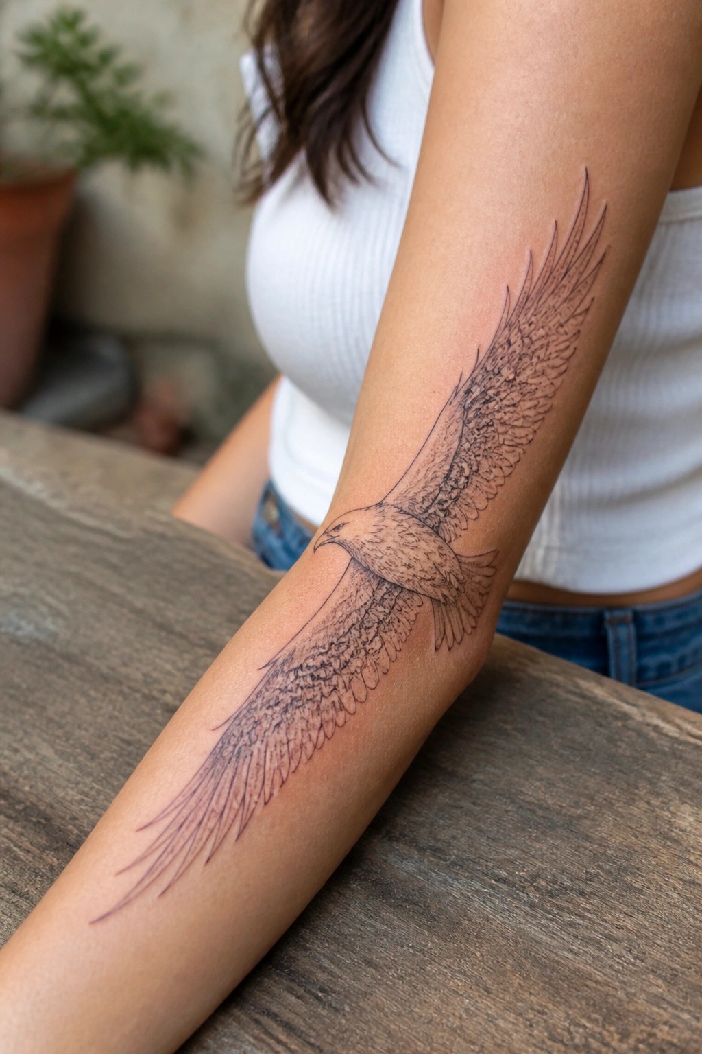Fine line eagle tattoo on a woman's forearm with wings spread and soft shading in black ink.