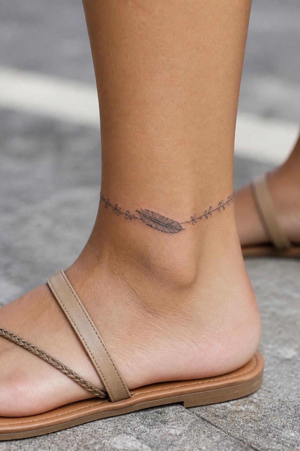 Ankle tattoo of feather with floral vine chain, wearing tan sandal on pavement.