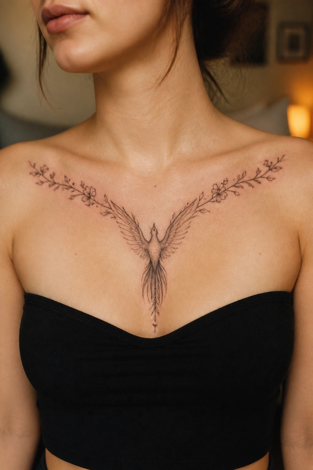 Phoenix tattoo with floral vines across chest above black strapless top