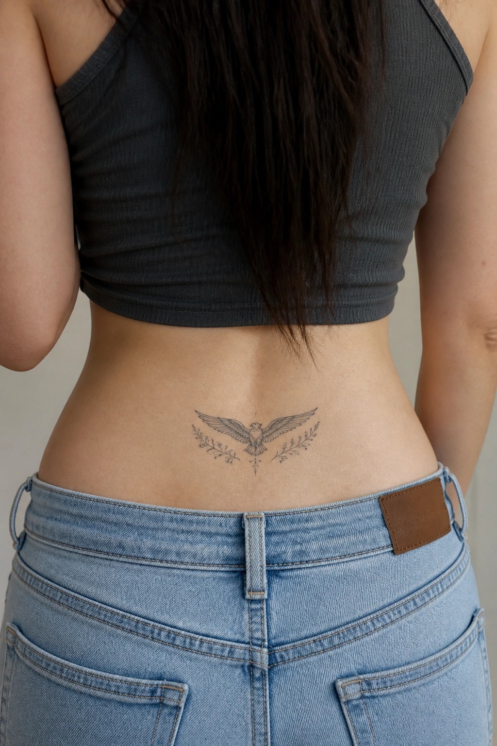 Lower back of person in crop top and jeans with central bird and branch tattoo