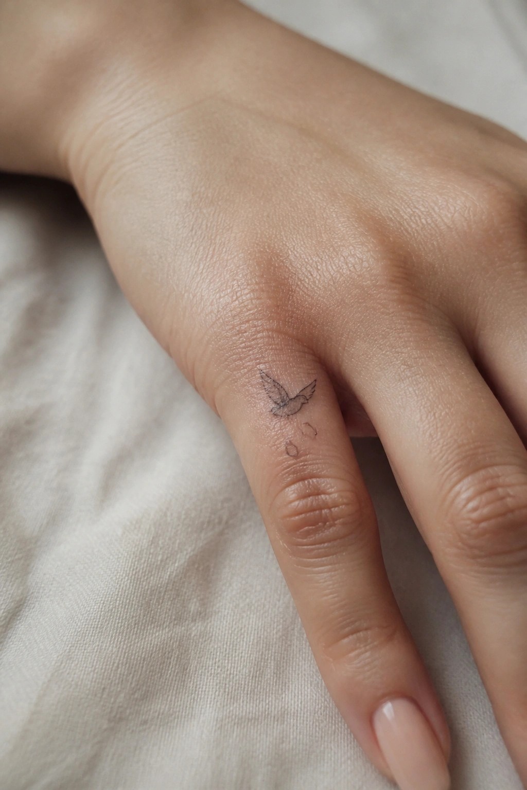 Hand with small bird and teardrop tattoo on ring finger against fabric