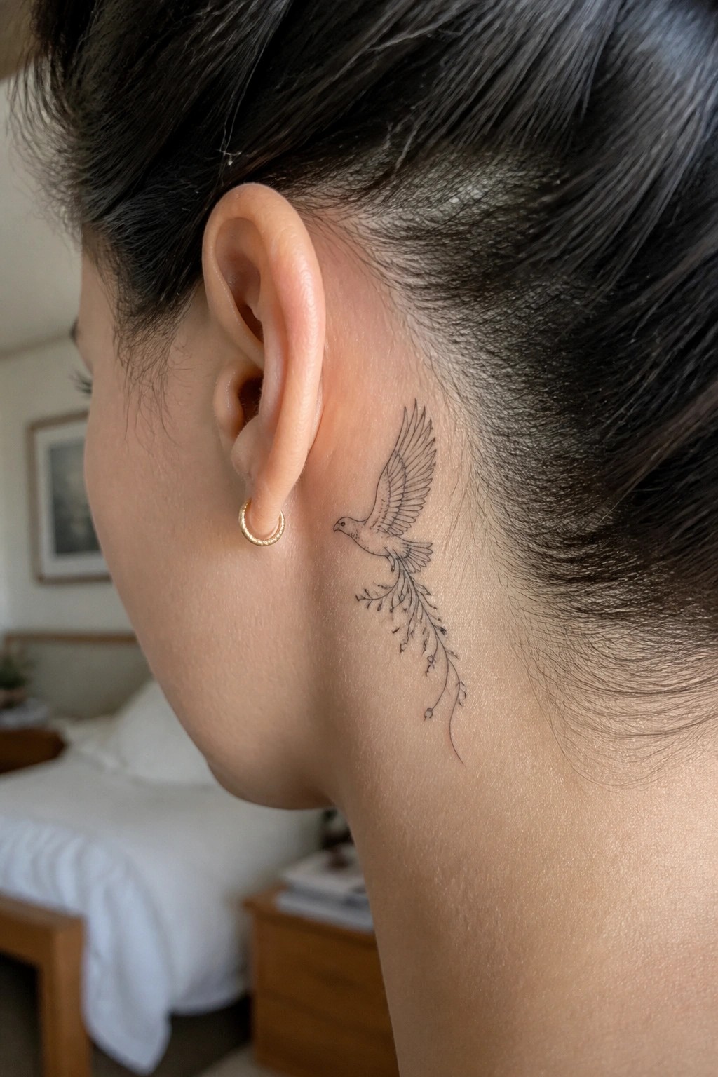 Side view of neck with bird tattoo behind ear and gold hoop earring