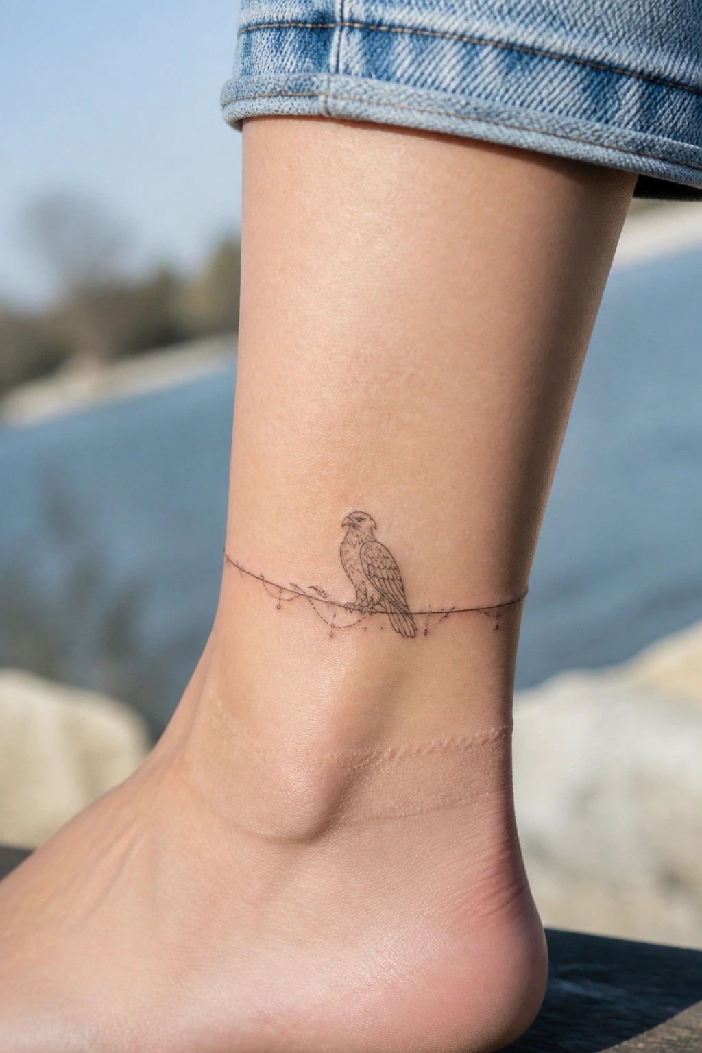 Fine line eagle perched on a thin branch with dots, placed on the ankle.