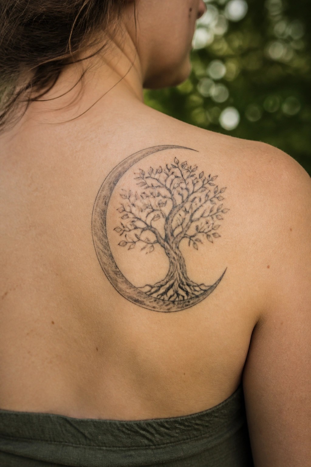 Fine line tattoo of a tree inside a crescent moon placed on a woman's upper back shoulder blade