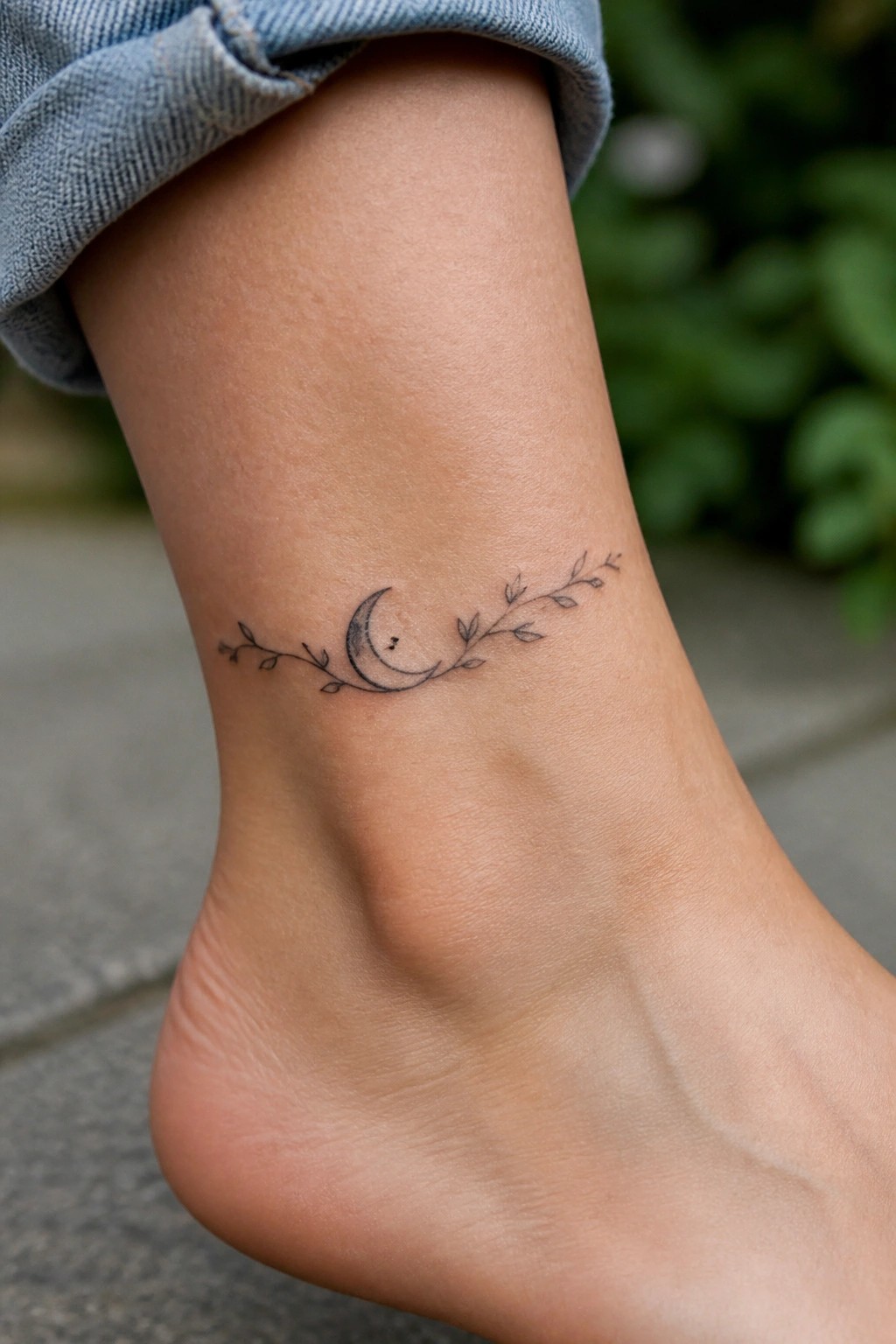 Fine line crescent moon with small leaves on the ankle of a woman wearing rolled up jeans.