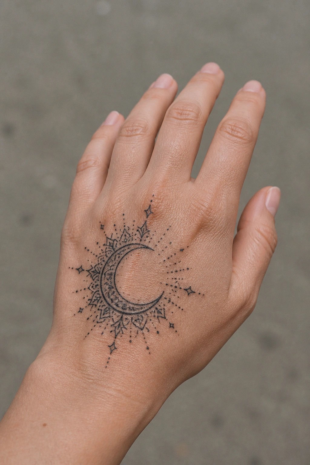 Palm with crescent moon mandala tattoo surrounded by stars and dots