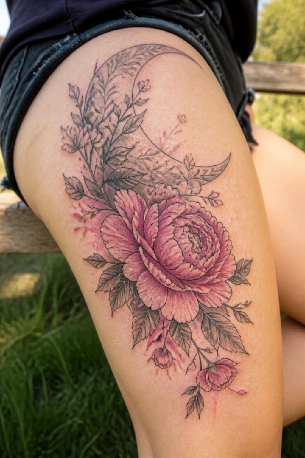 Pink peony tattoo with crescent moon and leaves on thigh in black shorts