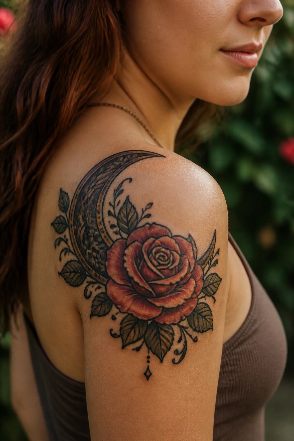 Woman’s shoulder with crescent moon and red rose tattoo amid green leaves.