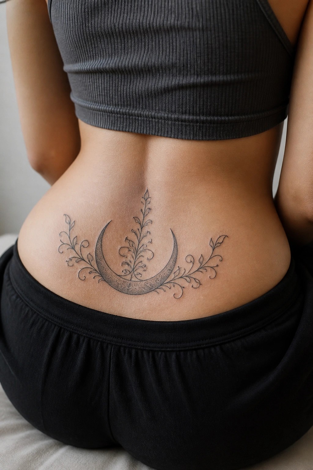Crescent moon floral tattoo on lower back, gray crop top and black bottoms.