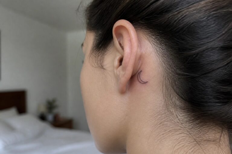 22 Meaningful Moon Tattoo Ideas for Women That Reflect Personal Growth Small black outline crescent moon tattoo placed behind the ear on the side of the head
