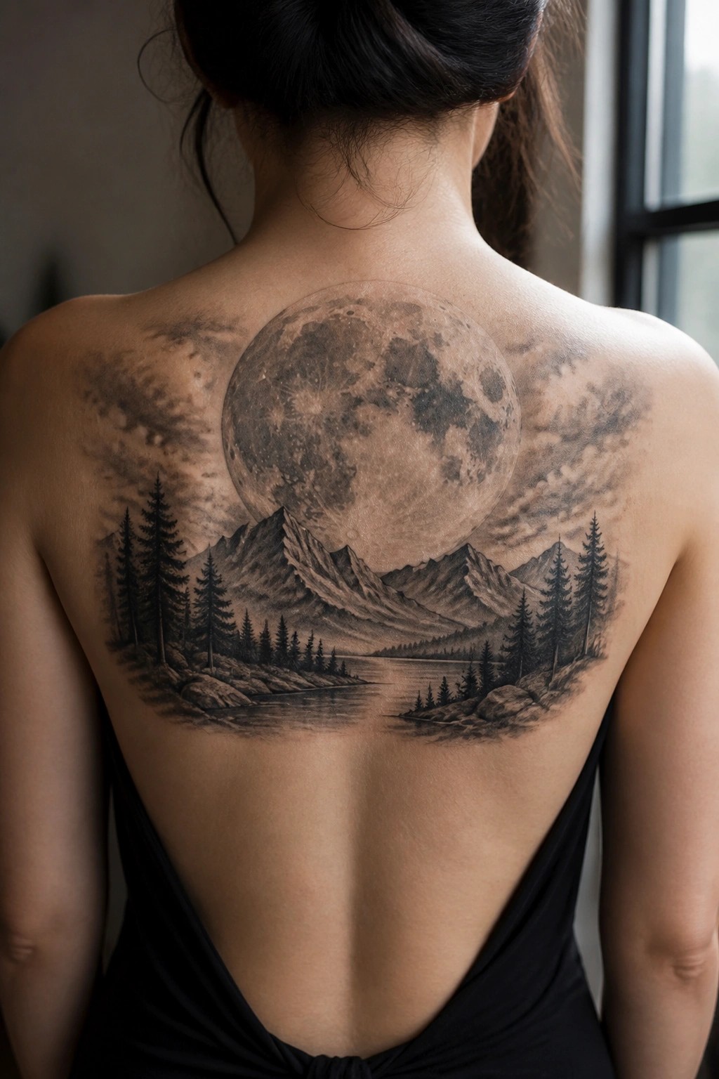 Woman in black dress with large grayscale moon and mountain landscape tattoo on back.