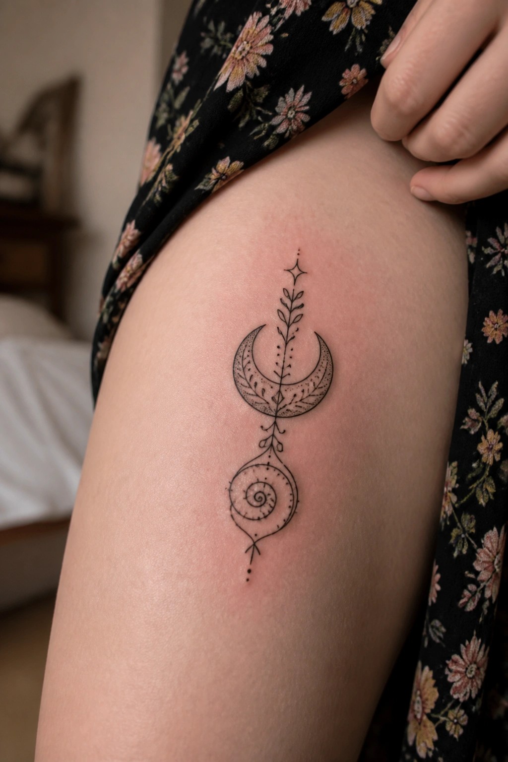 Crescent moon, leaves, and spiral tattoo on thigh beneath floral dress.