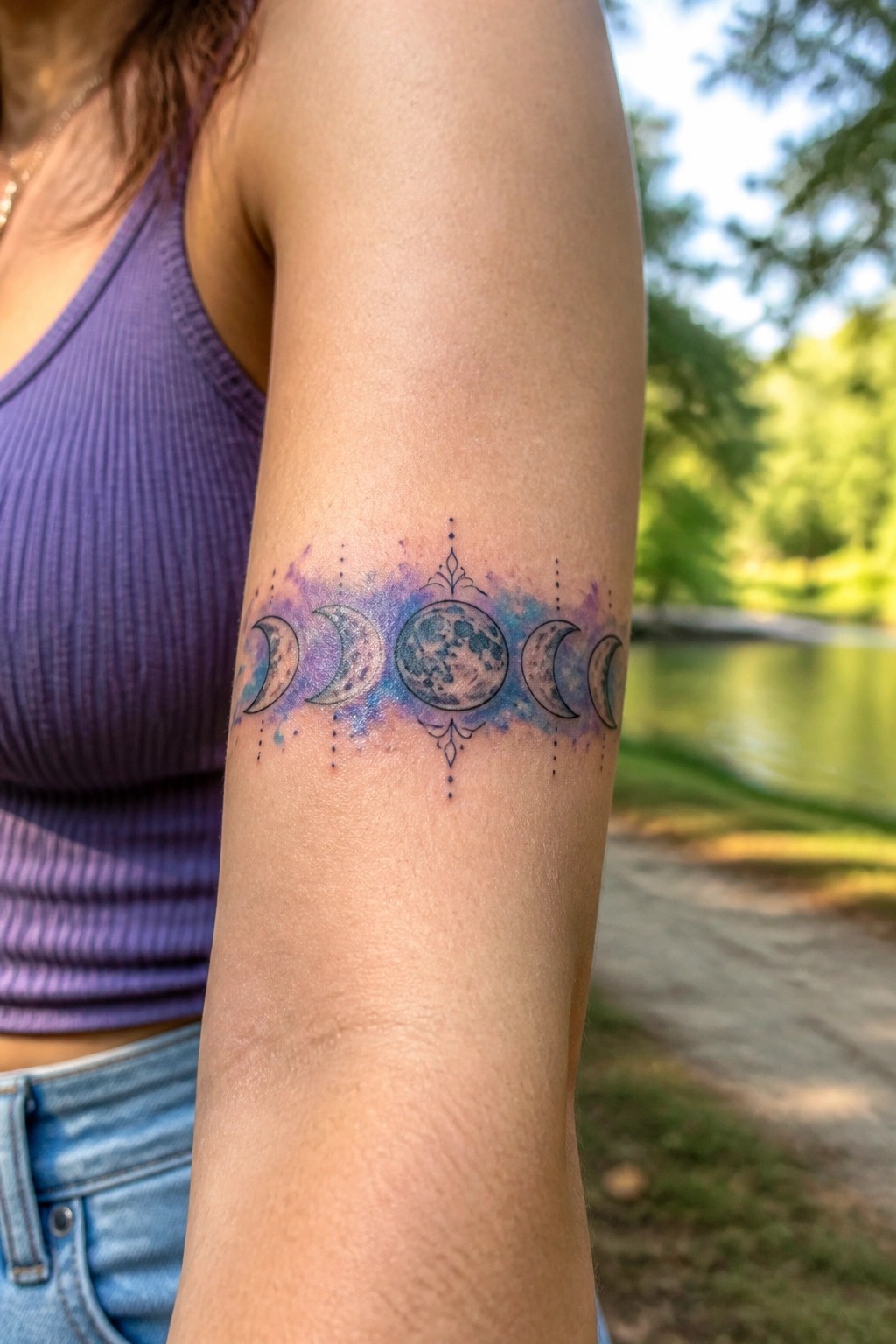Moon phases tattoo in blue-purple watercolor on upper arm, purple tank top.
