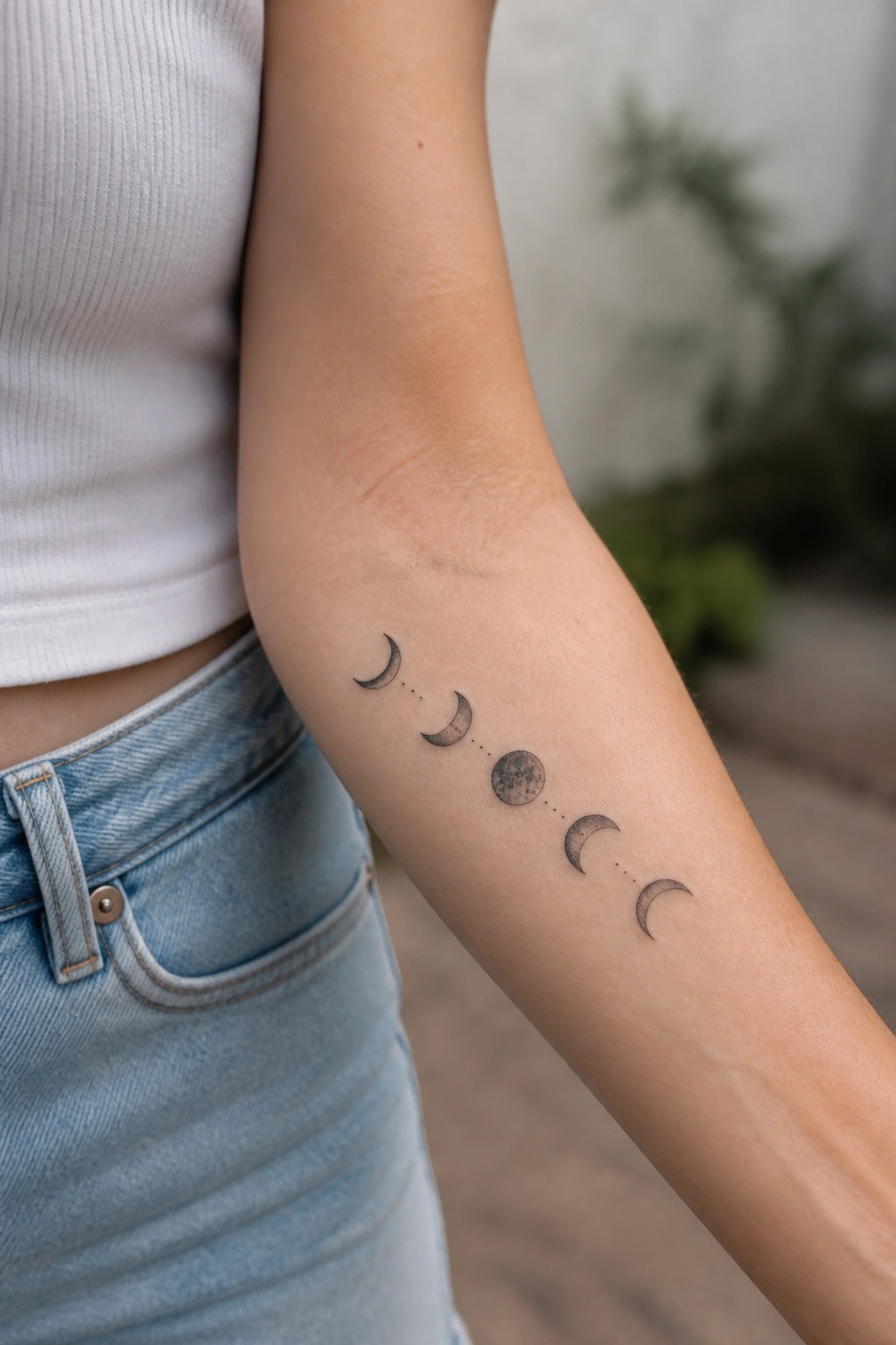 Moon phases tattoo on forearm beside white ribbed top and blue jeans