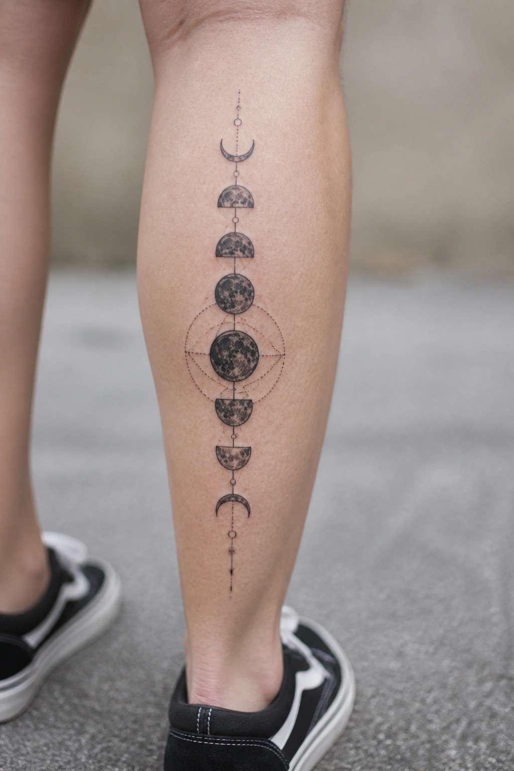 Vertical moon phases tattoo on leg above black and white sneakers on pavement