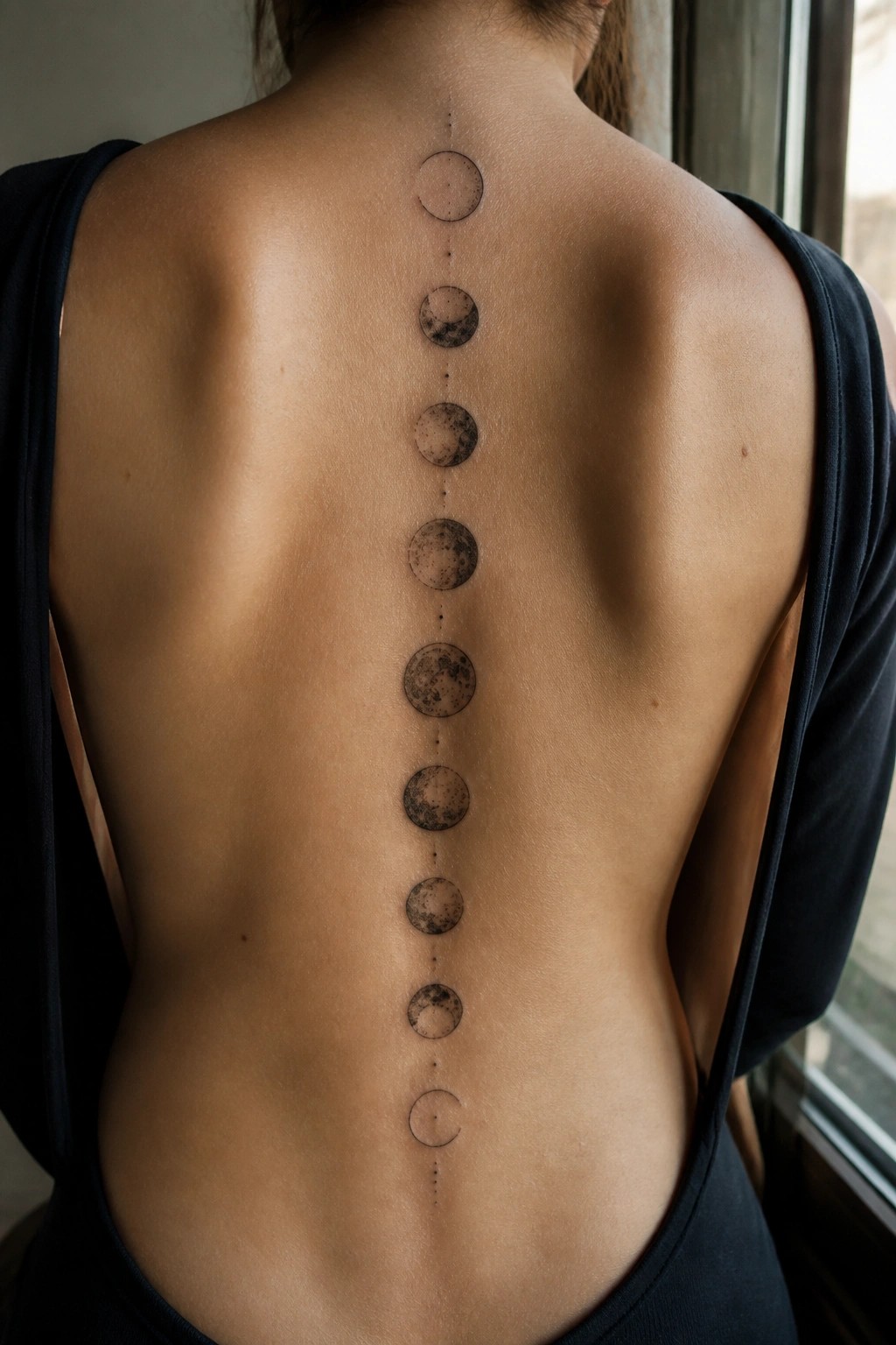 Vertical moon phase tattoo running down a woman's spine in black ink, showing the full cycle from top to bottom.