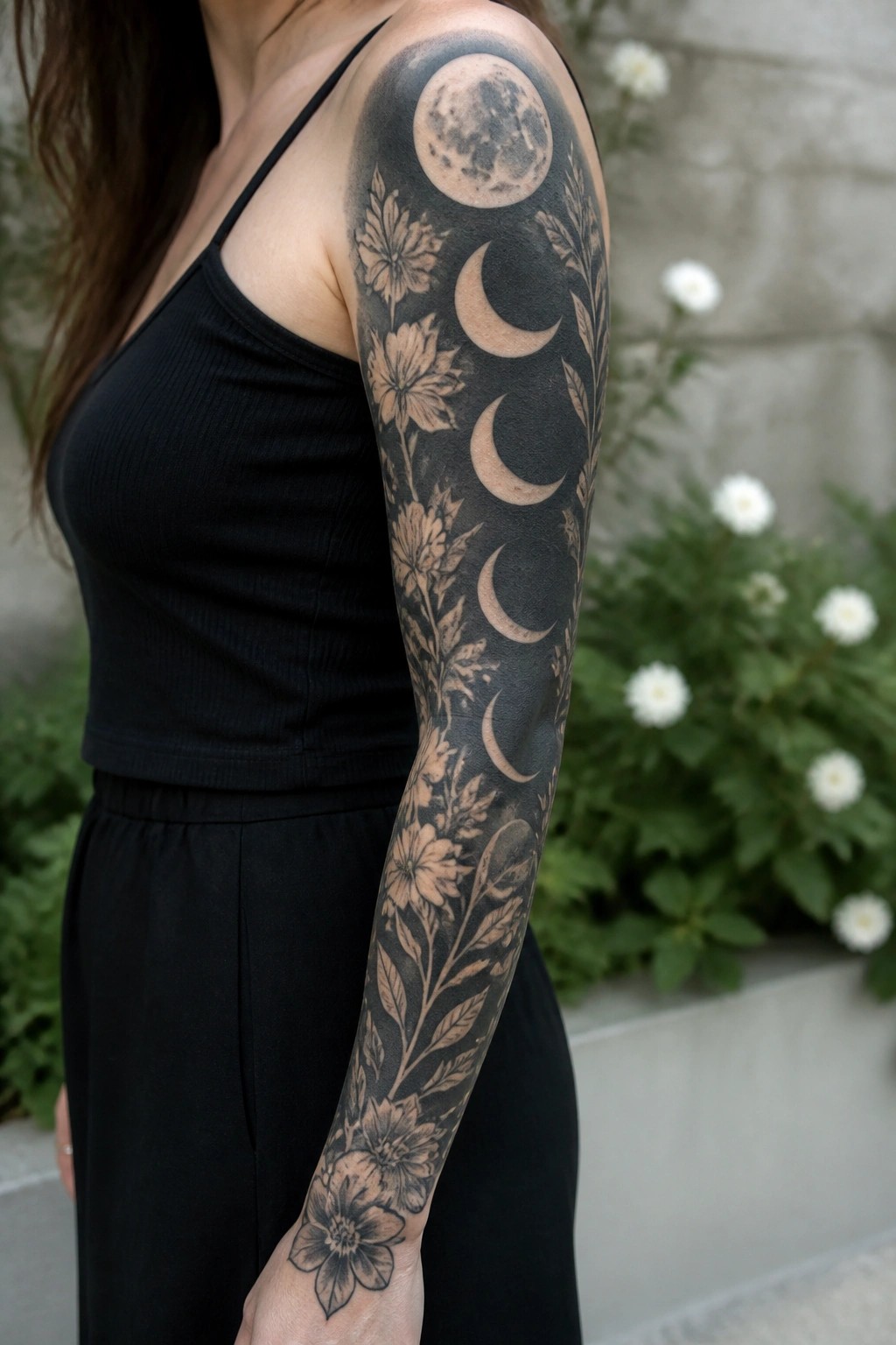 Woman in black top with moon phases and floral tattoo sleeve on arm