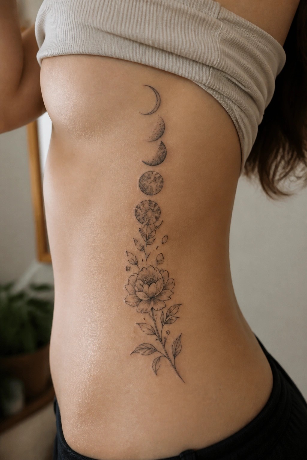Moon phase tattoo above flower on side under beige crop top.