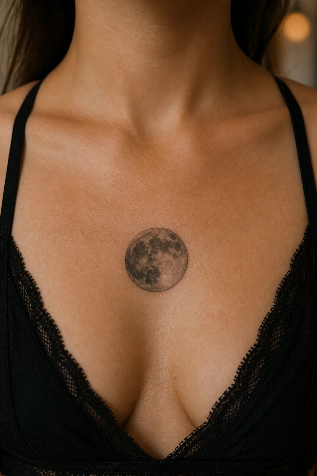 Realistic black and grey moon tattoo centered on a woman's upper chest just below the collarbones