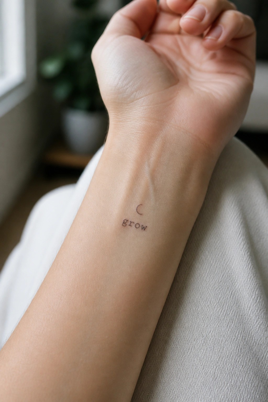 Small crescent moon above the word grow tattooed on the inner wrist in fine line style