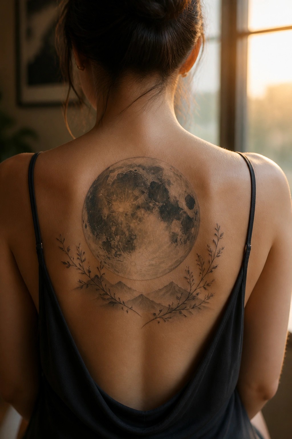 Woman's back with large moon tattoo, mountain vines, and black camisole in warm light