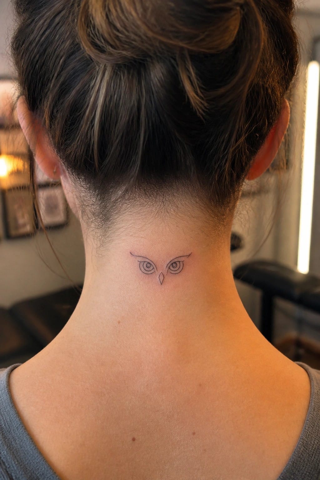 Owl eyes tattoo on nape of neck below dark hair bun, gray shirt visible
