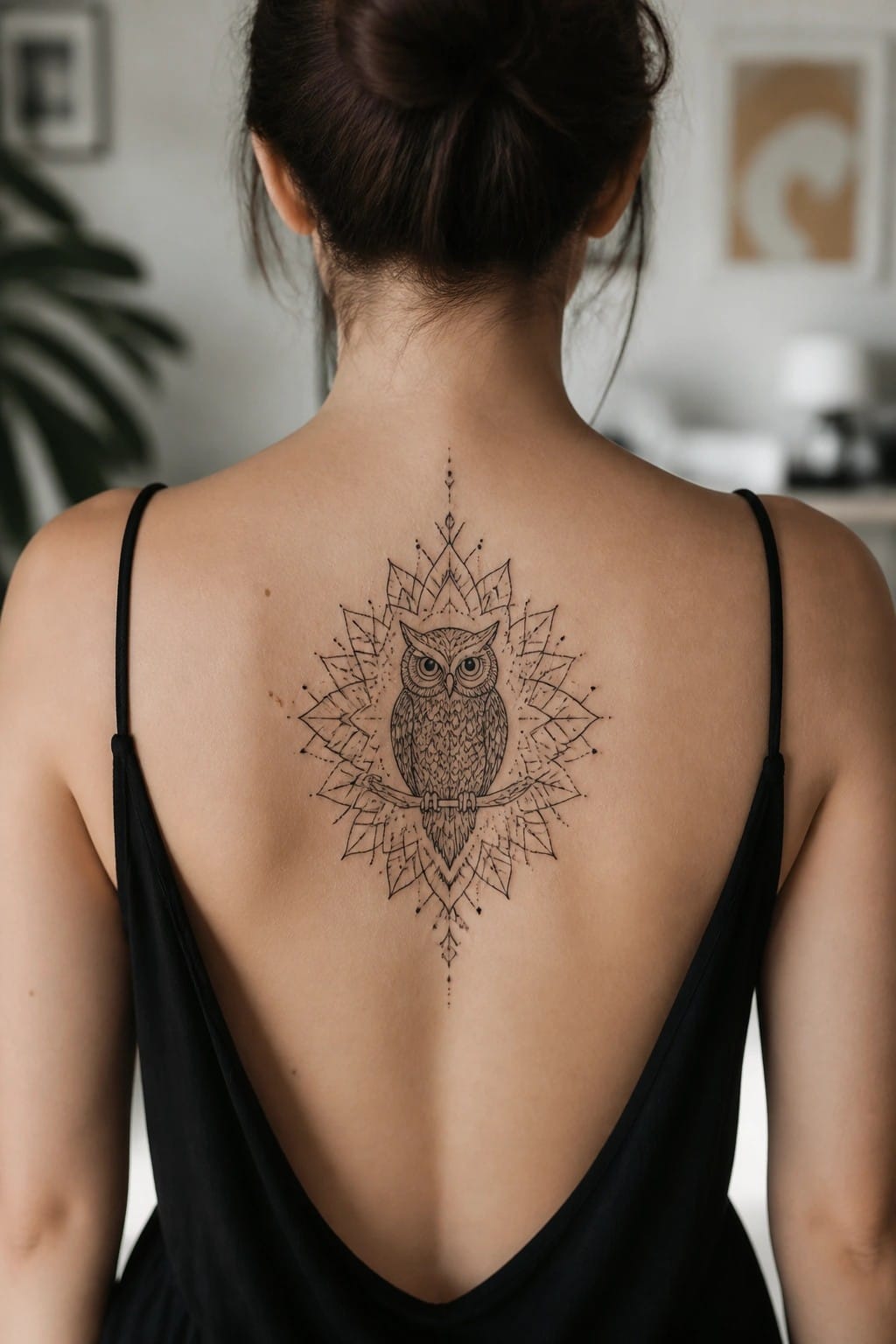 Minimalist fine line owl tattoo centered on a woman's upper back, showing an owl on a branch with geometric leaf patterns around it.