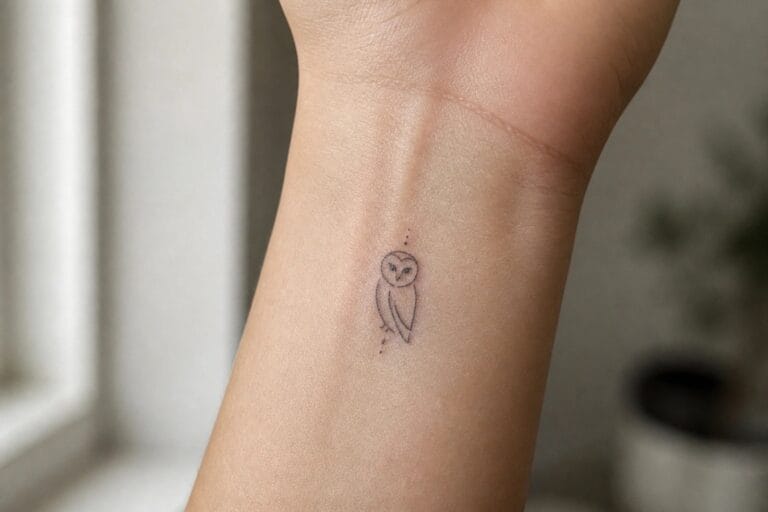 23 Minimalist Owl Tattoo Ideas for Women With Clean Fine Lines Minimalist fine line owl tattoo on the inner wrist with dotted lines framing the design above and below.