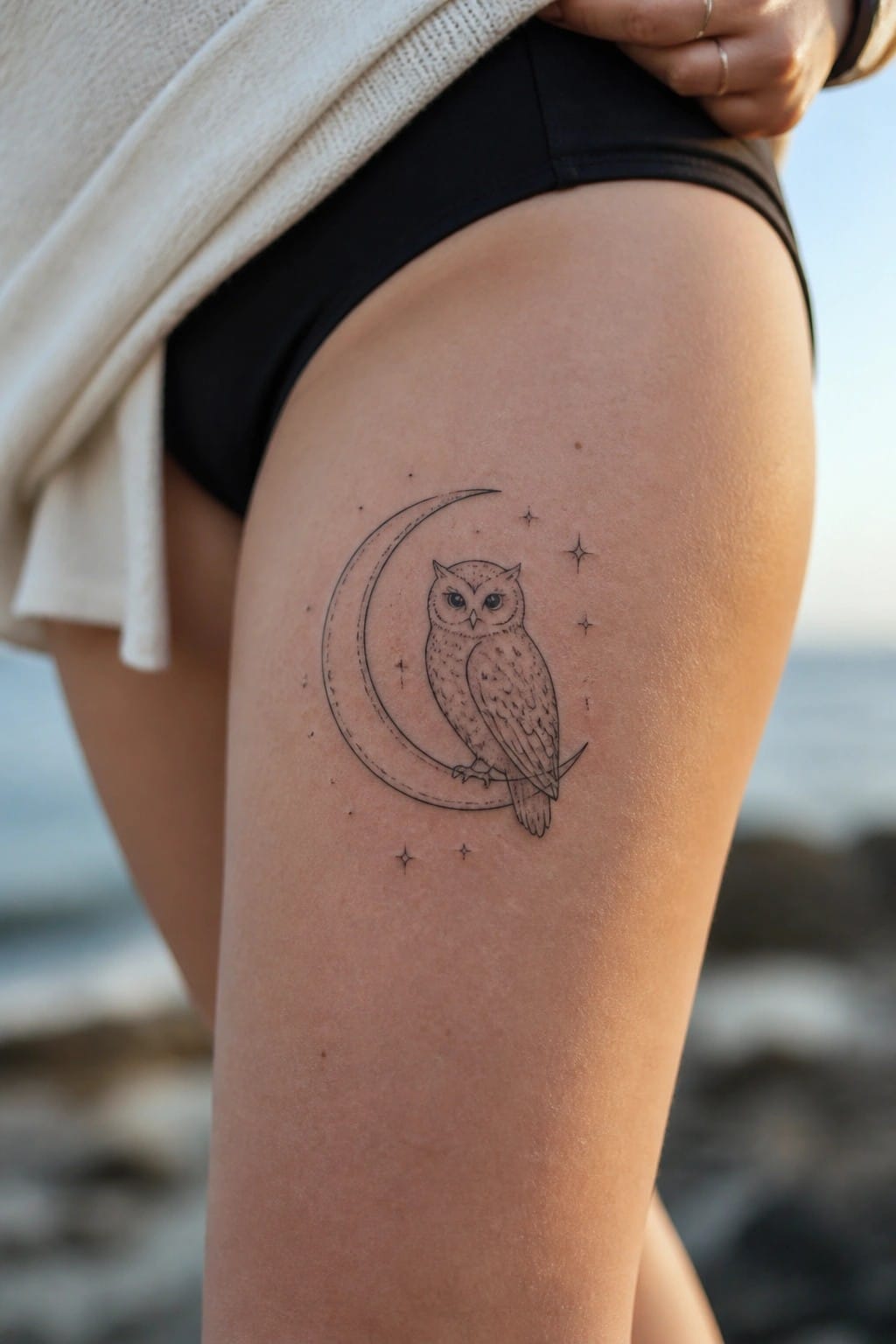 Owl on crescent moon tattoo on thigh with black shorts and white top