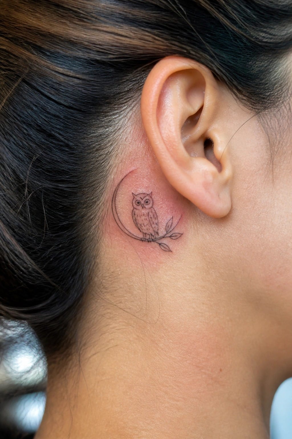 Owl tattoo on crescent moon with branch behind a person's ear.