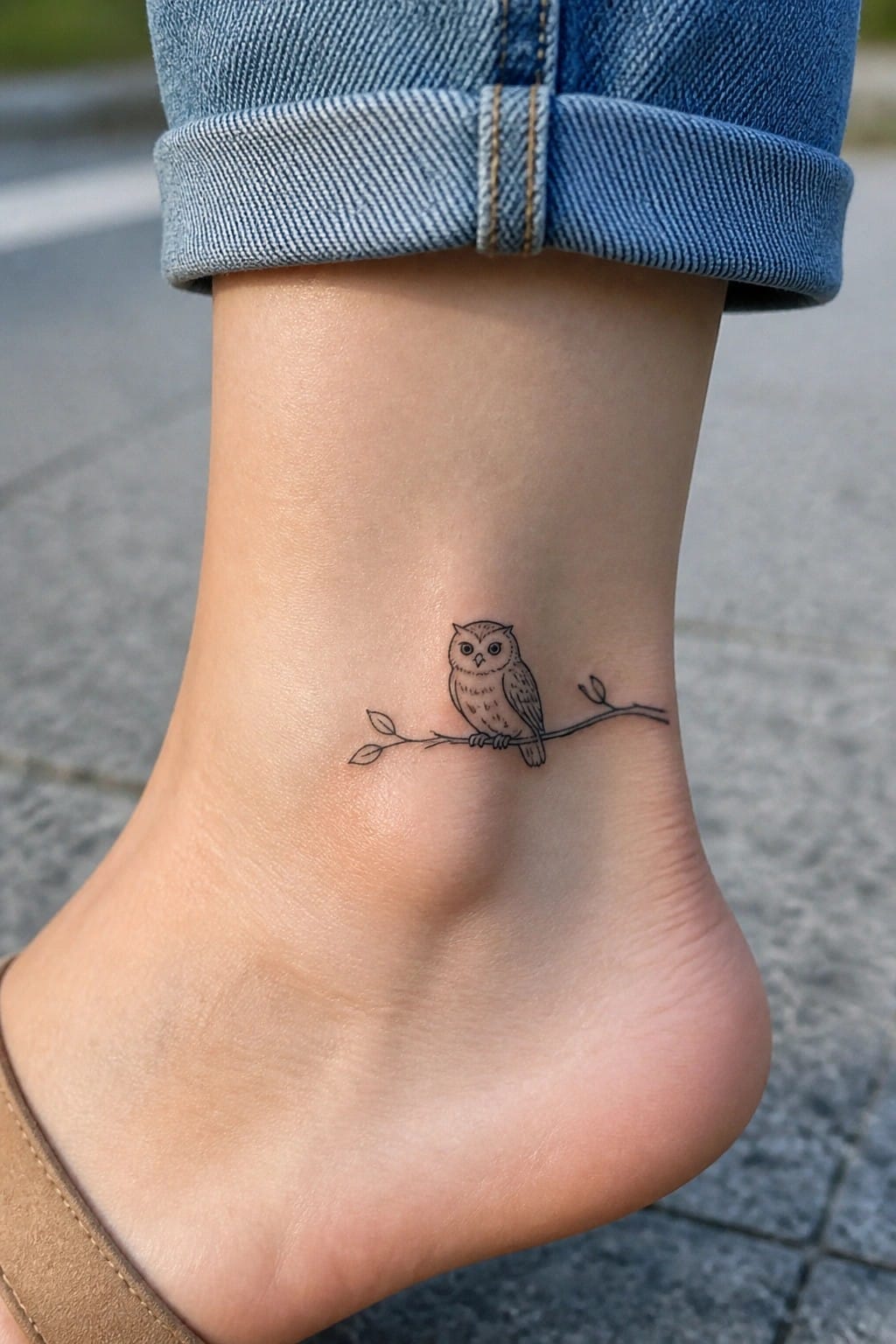 Small owl on branch tattoo on ankle below cuffed blue jeans and sandal