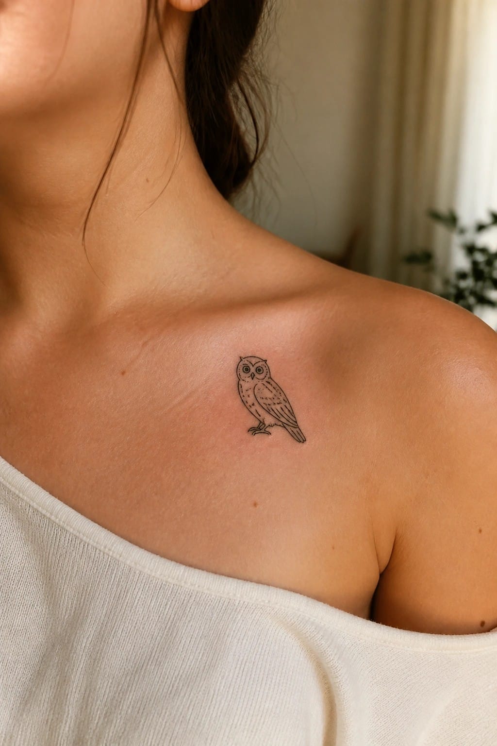 Minimalist black owl tattoo on shoulder above white off-shoulder top