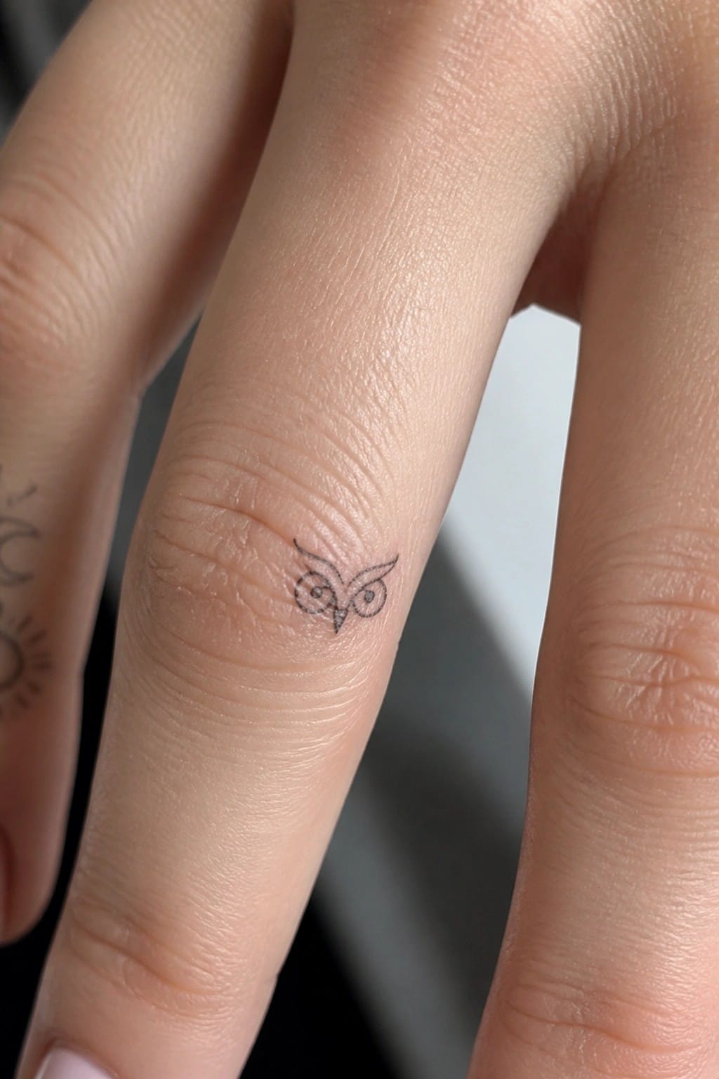 Tiny owl tattoo on finger beside partial sun and moon designs.