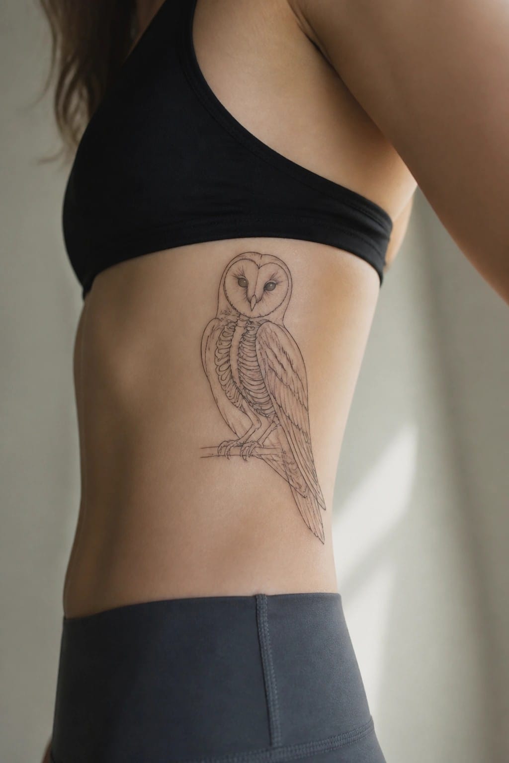 Minimalist line art owl tattoo on the side torso showing clean fine lines and a perched pose